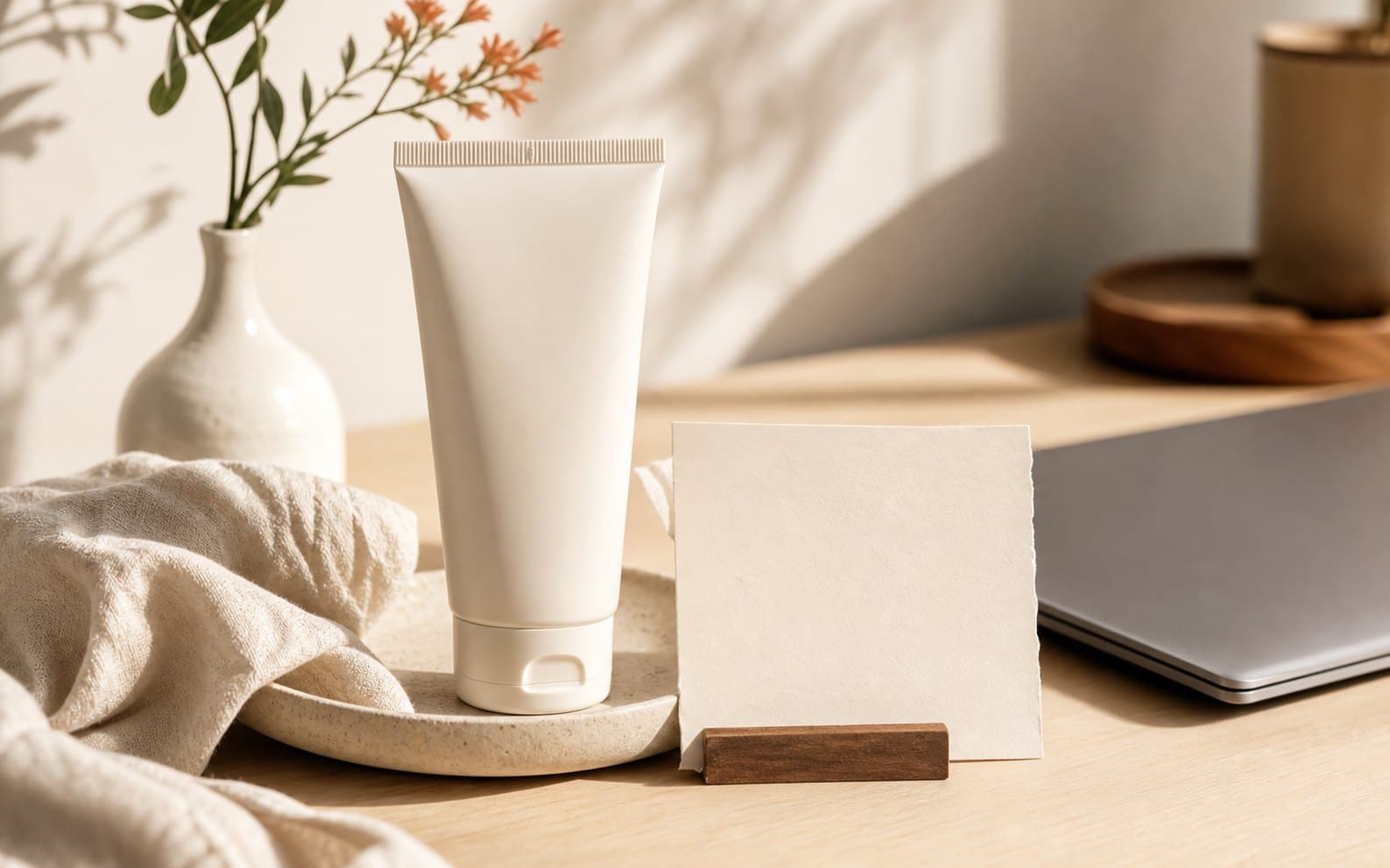 A product, phone, and blank card arranged to suggest a clear next step.